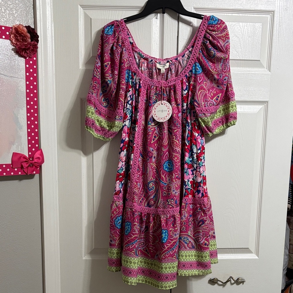 Umgee Pink Paisley Boho Peasant Dress with Blue and Green Accents. NWT